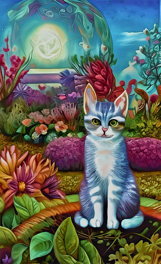 Cat in a Moonlit Garden Mixed Media by Ann Leech