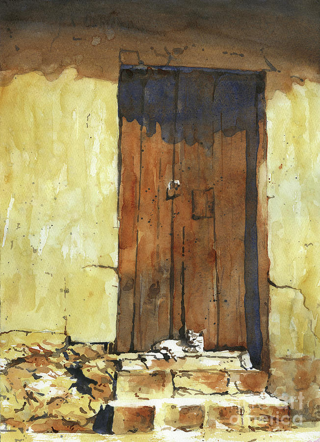 Cat in Doorway- Peru Painting by Ryan Fox