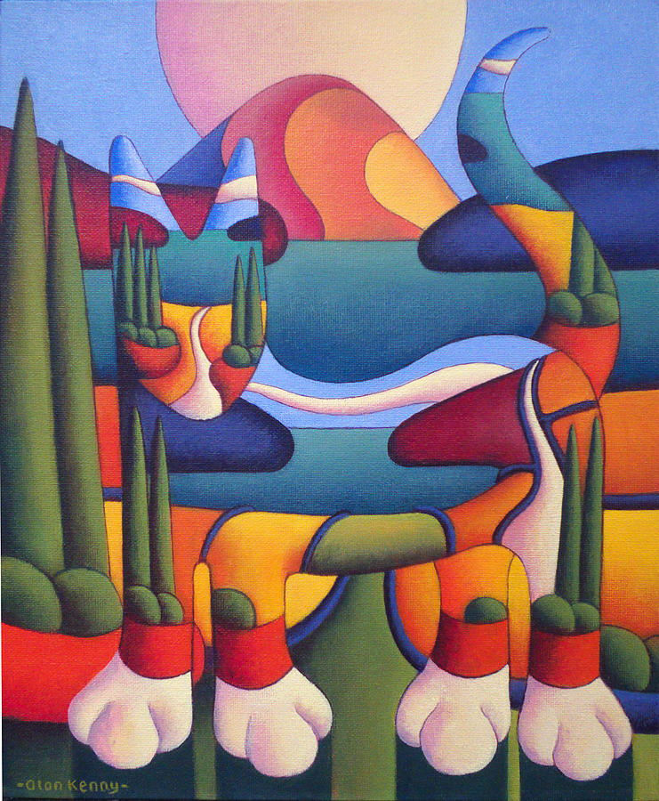Cat in landscape in cat by lake Painting by Alan Kenny