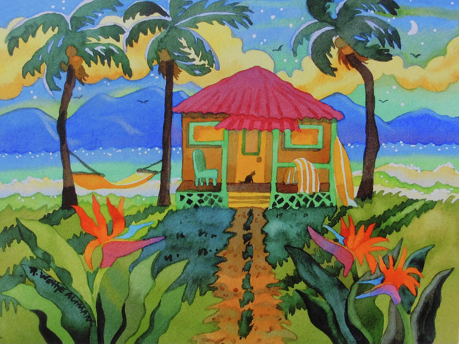 Tropical Island Scene Digital Art - Cat in Paradise, Tropical Hut in Hawaii, Tropical painting with hammock, tropical island art by Robin Wethe Altman
