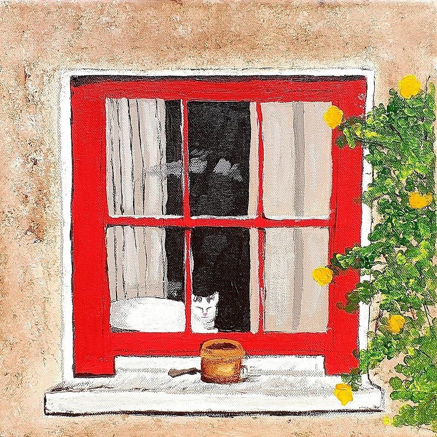 Cat in Red Window Painting by Amy Kuenzie