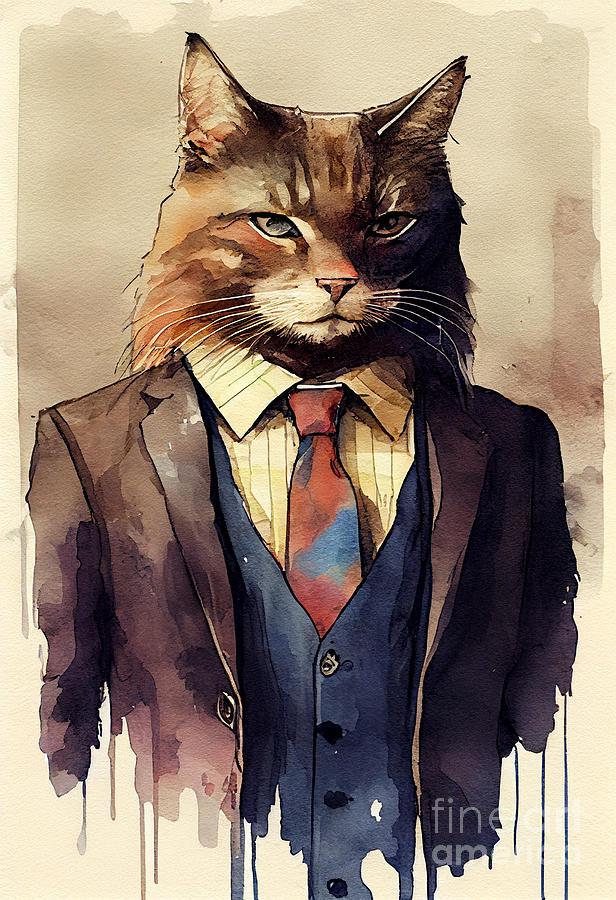 Cat Painting - Cat in Suit Watercolor Hipster Animal Retro Costume by Jeff Creation