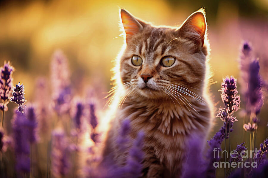 Cat Photograph - Cat in sunlit lavender field by Imagine ART