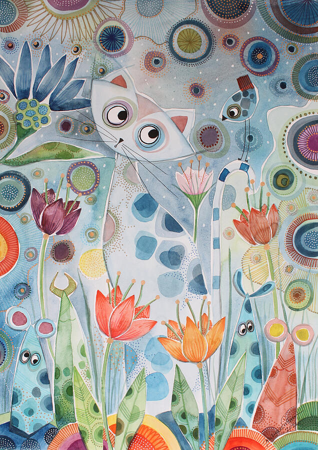 Cat in the garden with flowers Painting by Johanna Virtanen - Fine Art ...