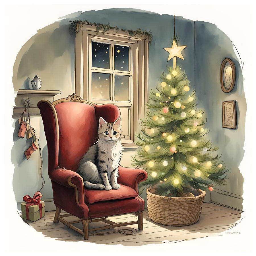 Cat in the red Christmas chair Digital Art by Greg Joens