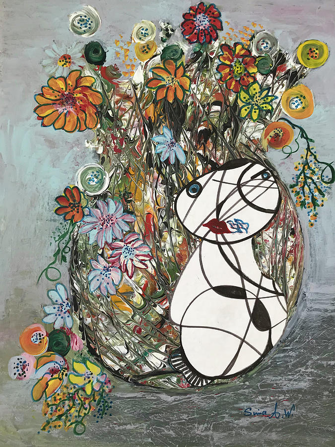 Cat in The Vase. Mixed Media by Sima Amid Wewetzer