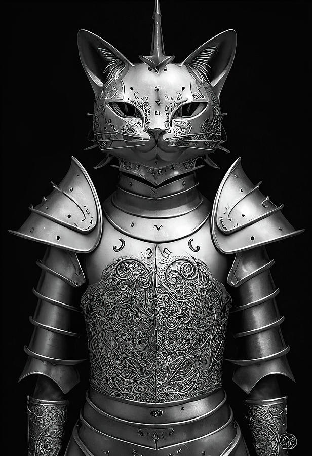 Cat Knight Portrait 04 Black and White Digital Art by Matthias Hauser