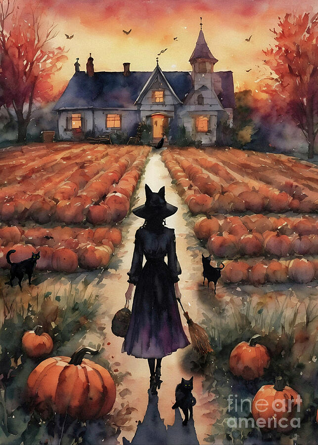 Fall Painting - Cat Lady Witch by Lyra OBrien