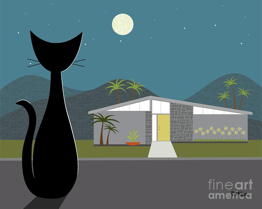Cat Looking at Gray Mid Century Modern House Digital Art by Donna Mibus