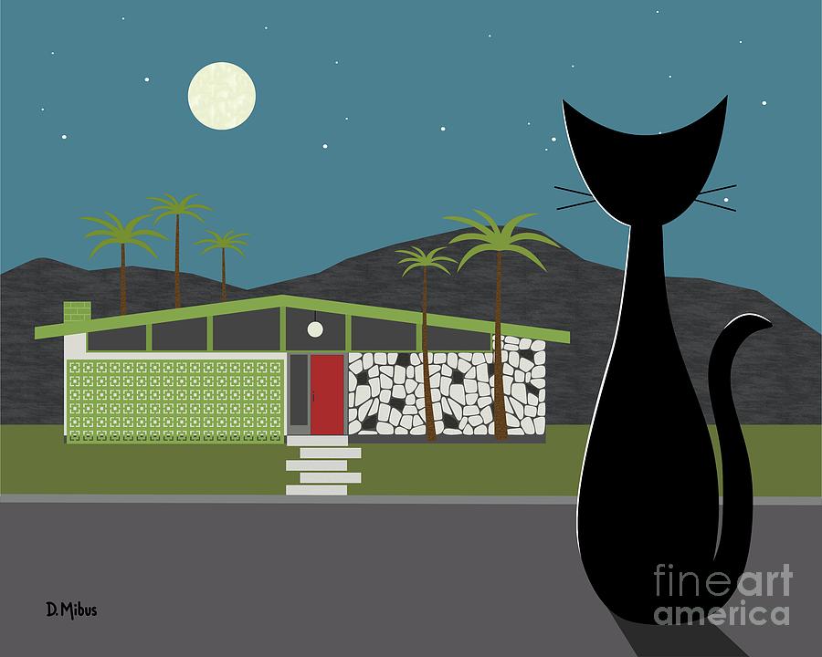 Palm Springs Digital Art - Cat Looking at Green Mid Century Modern House by Donna Mibus