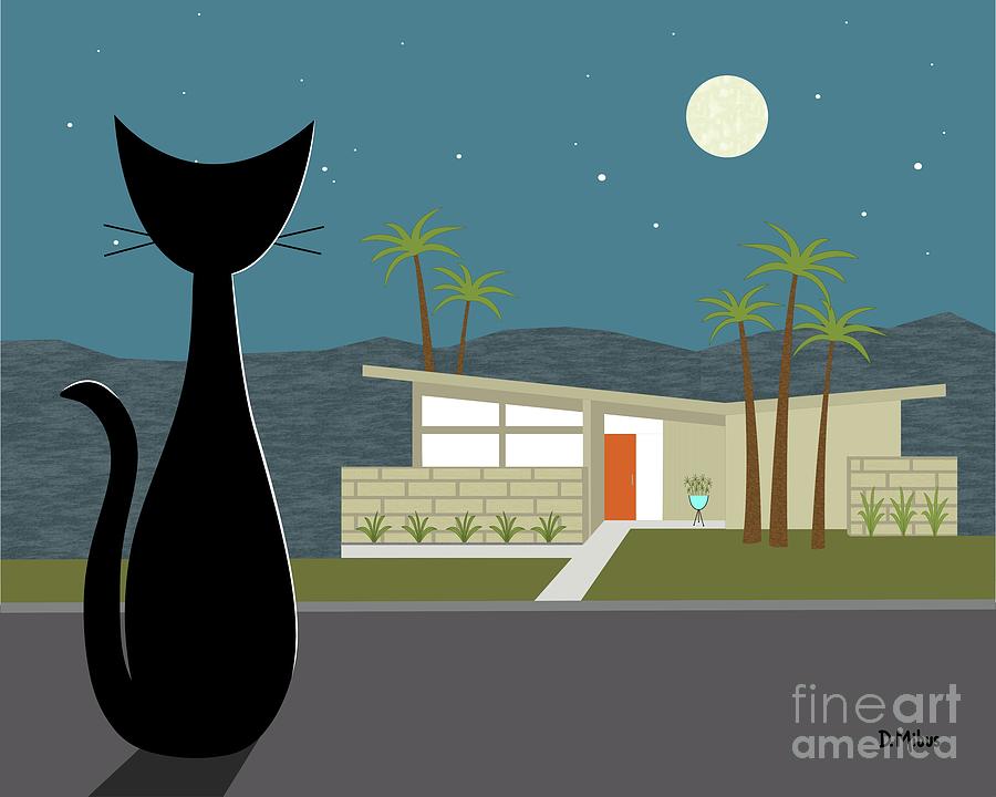 Cat Digital Art - Cat Looking at Mid Century Modern House by Donna Mibus