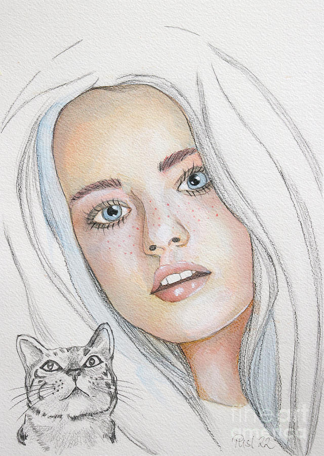 Cat Loving Girl Painting by Jutta Maria Pusl