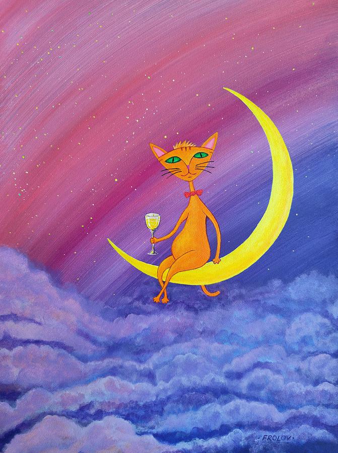 Cat Lucky On The Moon Painting