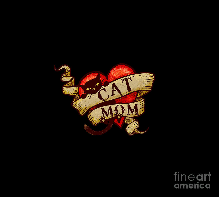 Cat Mom in Retro Heart Tattoo Digital Art by Laura Ostrowski