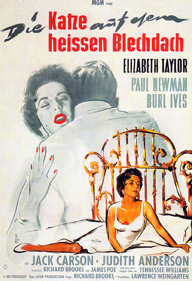 Elizabeth Taylor Mixed Media - Cat on a Hot Tin Roof, with Elizabeth Taylor and Paul Newman, 1958 by Movie World Posters