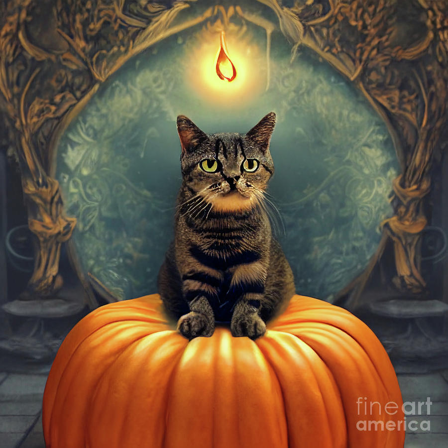 Cat On A Pumpkin In Vintage Style Digital Art