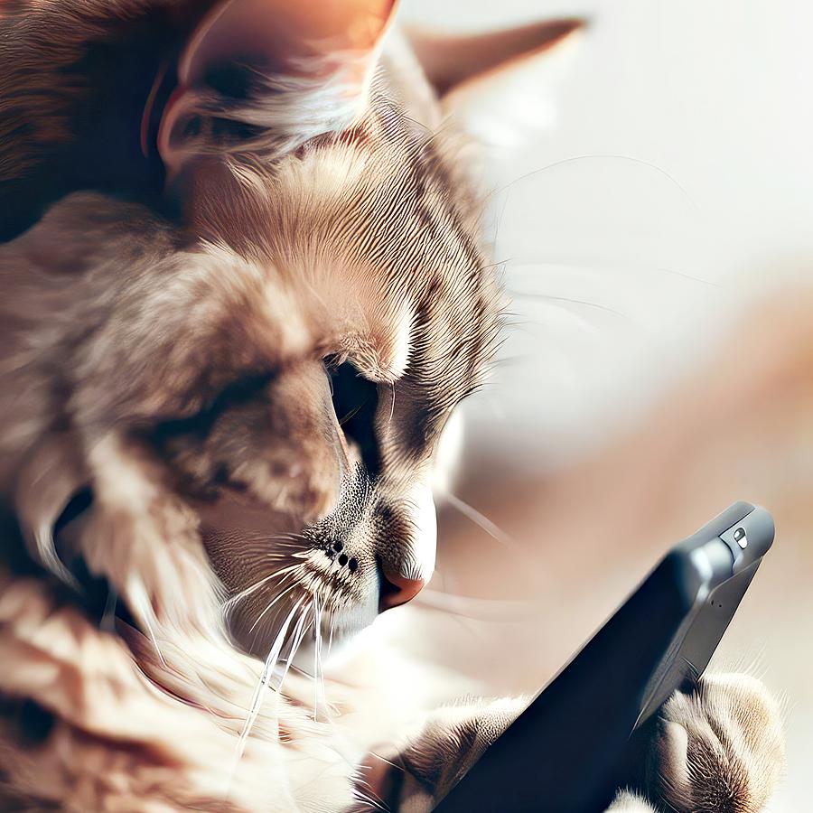 Cat on a Smartphone Digital Art by David Manlove