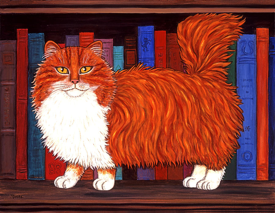 Cat Painting - Cat on Book Shelf by Linda Mears