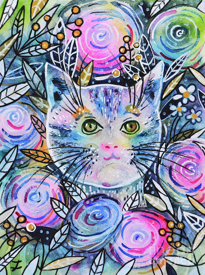Cat on Flower Bed Painting by Zaira Dzhaubaeva
