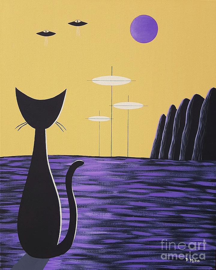 Black Cat on Purple Planet with Yellow Sky Painting by Donna Mibus