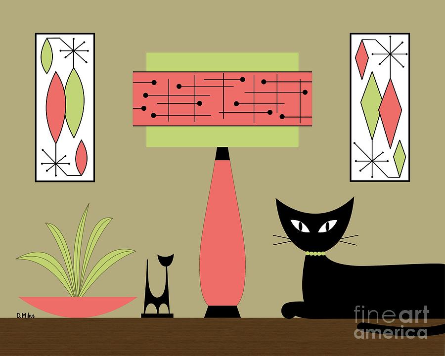Cat on Tabletop with Lamp in Pink Digital Art by Donna Mibus