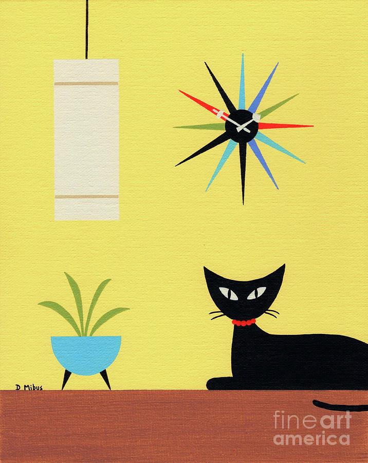 Cat on Tabletop Yellow Background Painting by Donna Mibus