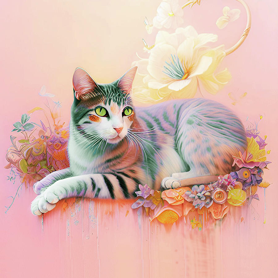 Cat on the Peach Background  Digital Art by Grace Iradian