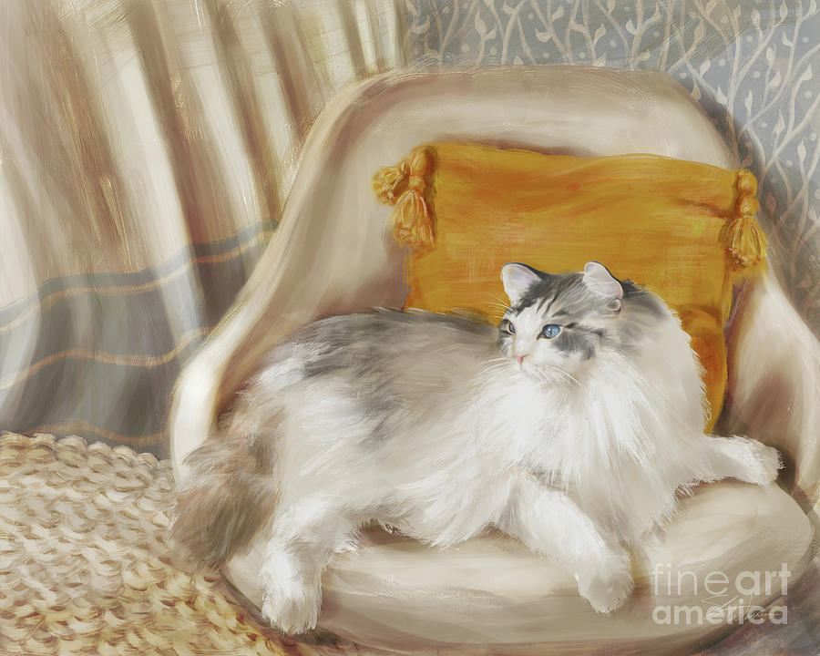 Cat on Yellow Pillow Painting Mixed Media by Shari Warren