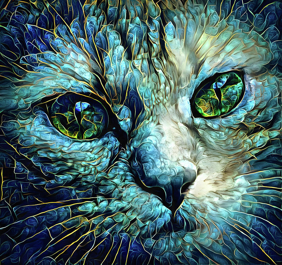 Cat Portrait Blue and Golden Abstraction Digital Art by Matthias Hauser