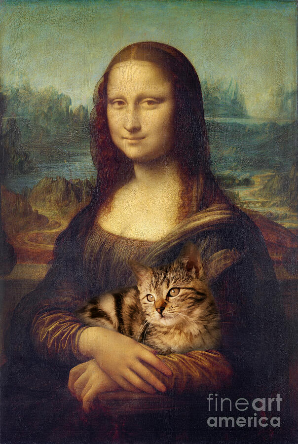 Cat portrait with Mona Lisa Painting by Delphimages Photo Creations