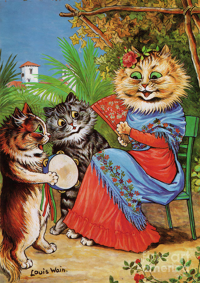 Cat Print Louis Wain Cats Vintage Art The Senorita of Spain Spanish Garden Painting by Kithara Studio