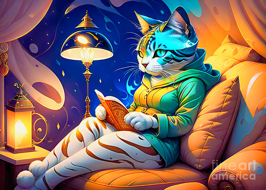 Cat Reading A Book I Digital Art by Munir Alawi