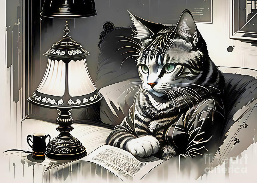 Cat Reading A Book II Digital Art by Munir Alawi