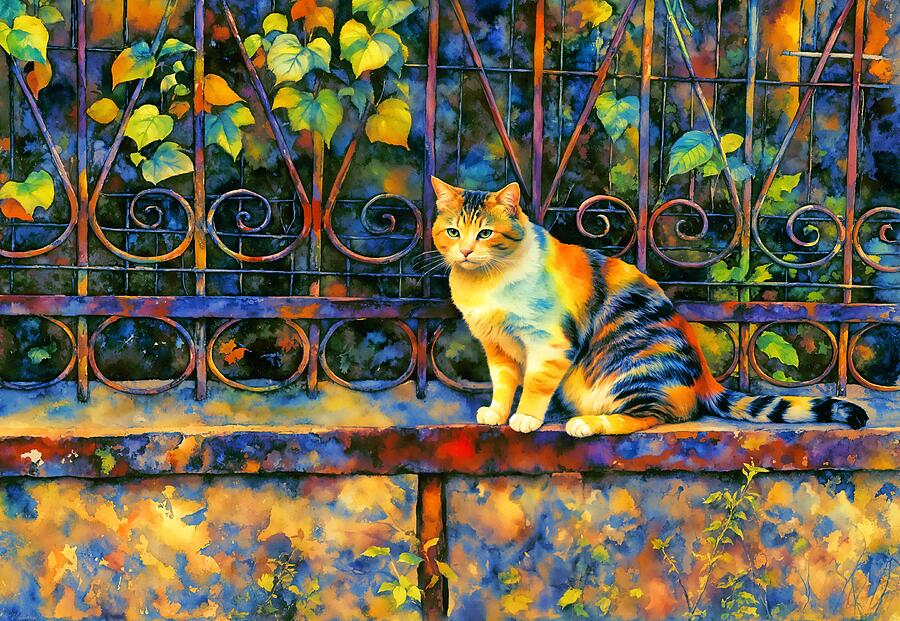 Cat sitting on wrought iron fence - colorful watercolor painting Digital Art by Nicko Prints Cat sitting on wrought iron fence - colorful watercolor painting Digital Art by Nicko Prints