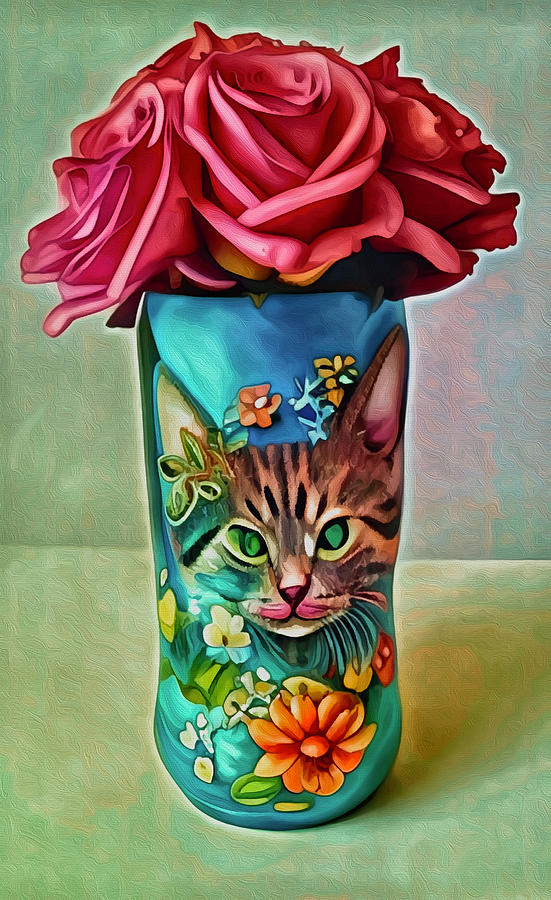 Cat Still Life with Roses Mixed Media by Ann Leech
