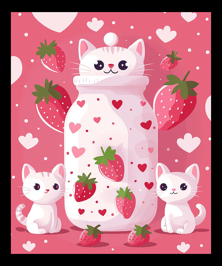 Cat Digital Art - Cat Strawberry Snuggle by Lotus-Leafal