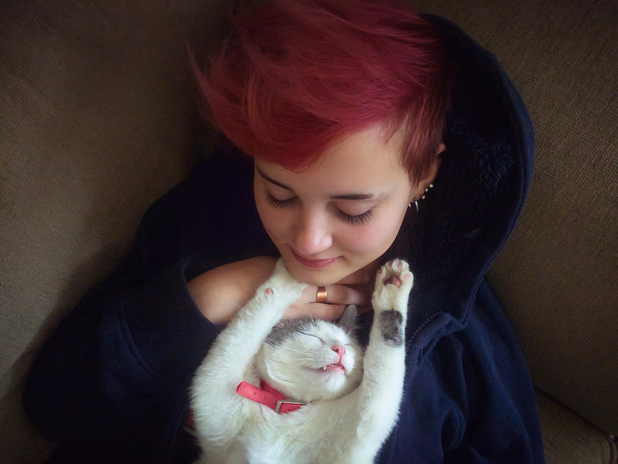Cat stretched out and sleeping on her owner. Photograph by Harpazo_hope