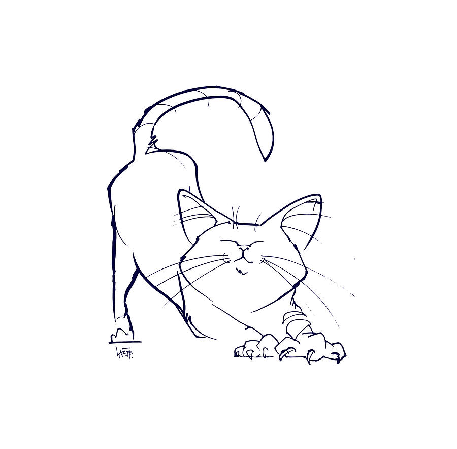 Cat Stretching Line Art Drawing by John LaFree