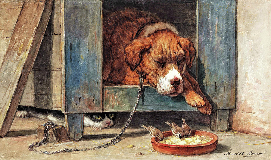 Cat watches birds with a sleeping dog - Digital Remastered Edition Painting by Henriette Ronner-Knip