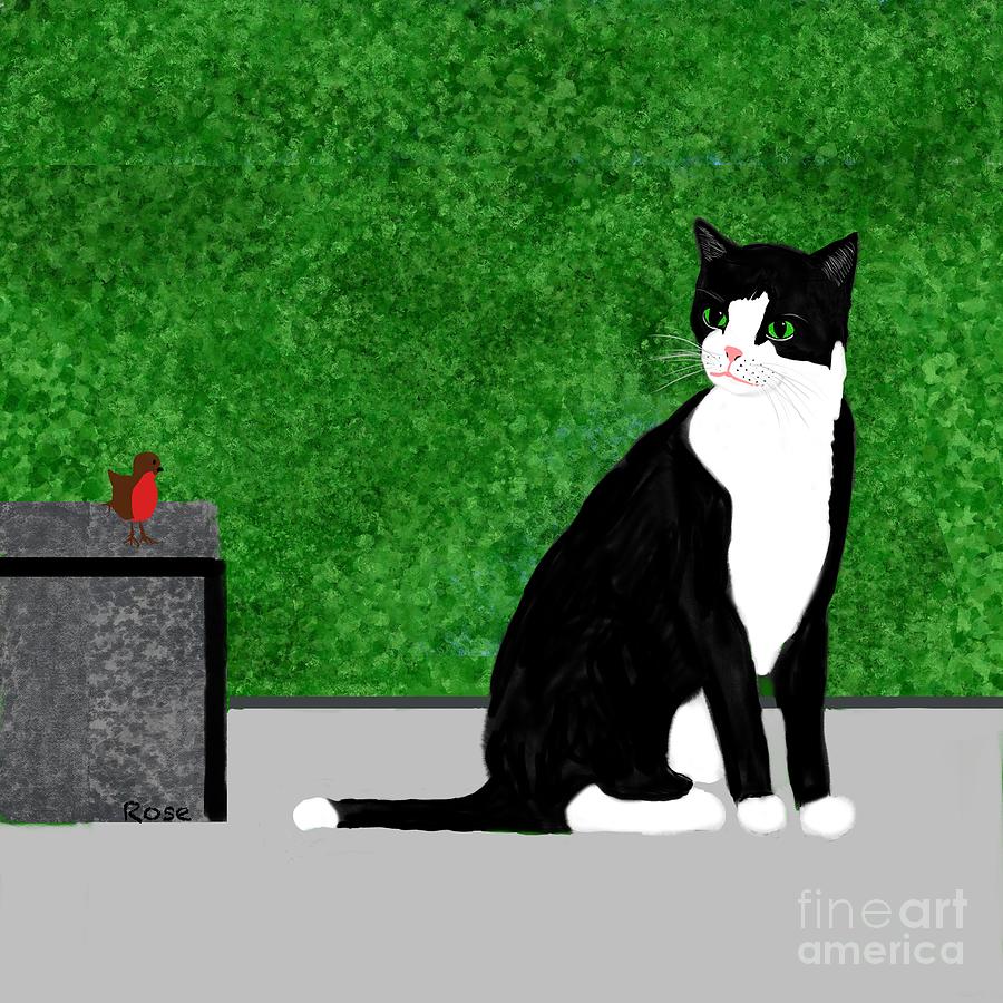 Cat watching a robin Digital Art by Elaine Hayward