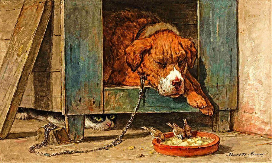 Cat Watching Birds by a Sleeping Dog Painting by Peter Ogden