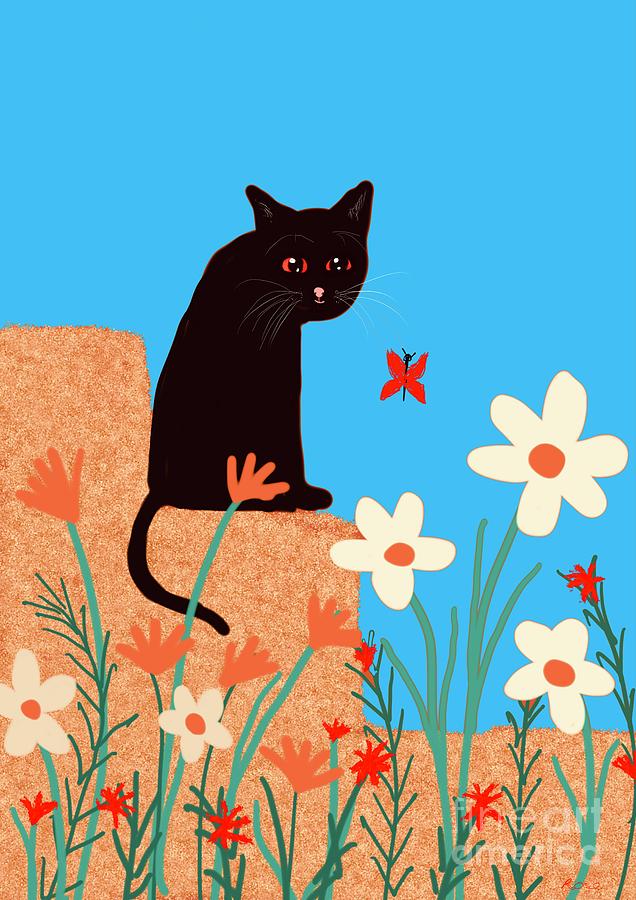 Cat watching butterfly  Digital Art by Elaine Hayward