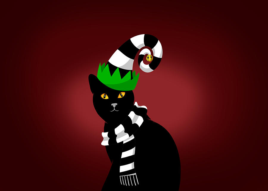 Christmas Drawing - Cat wearing a Funny hat and Scarf          by Johnnie Art