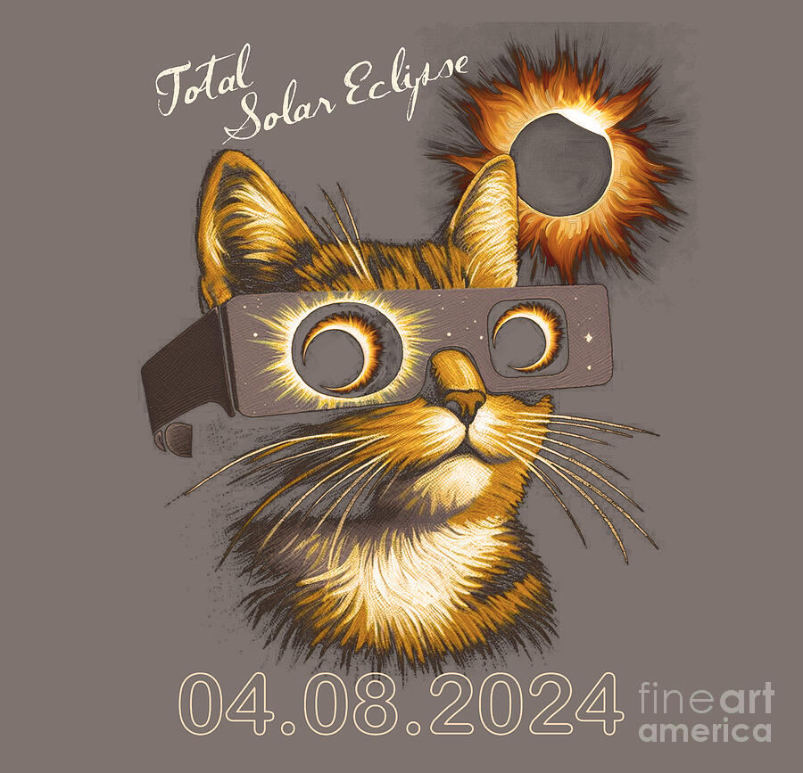 Cat Mixed Media - Cat Wearing Total Eclipse Glasses 4.8.24 by Beverly Guilliams