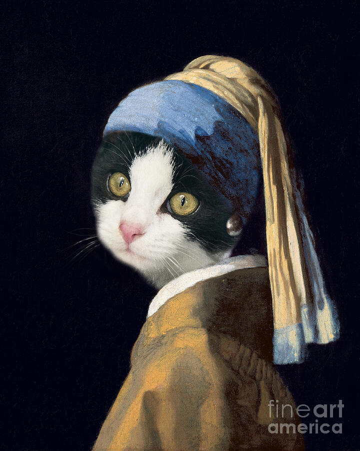 Cat with a pearl earring Painting by Delphimages Photo Creations