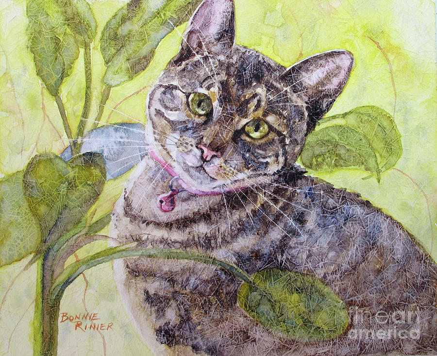 Cat with a Plant Painting by Bonnie Rinier