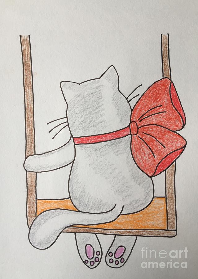 Fantasy Drawing - Cat With A Red Bow On A Swing by Irina Pokhiton