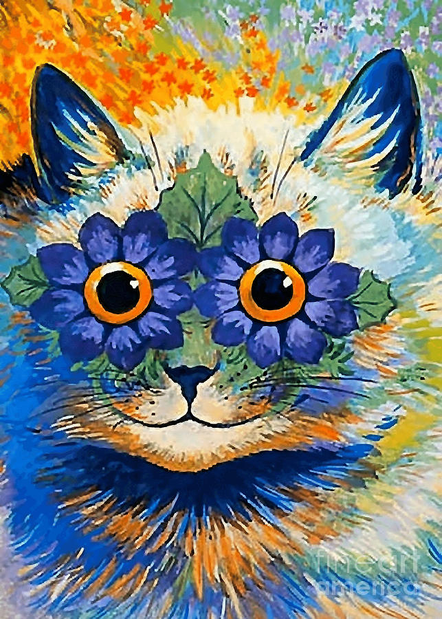 Cat With Blue Petals By Louis Wain Poster Digital Art By Ha Pham