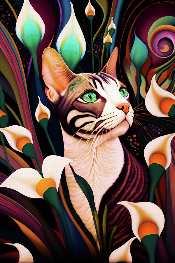 Cat with Calla Lilies Digital Art by Peggy Collins