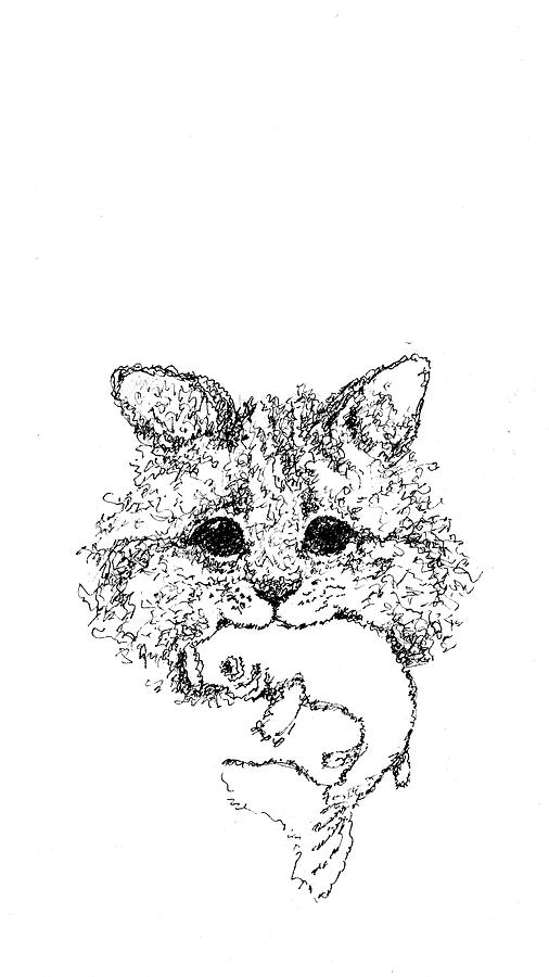 Squiggle Art in Black and White - Happy Cat with Fish Painting by Barbara Wirth